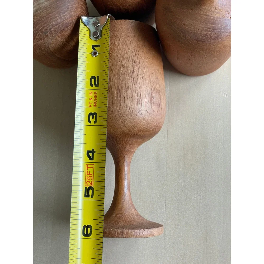 Set of 4 Vintage Wooden Goblets Hand Turned Wood Wine Cups Mid Century Rustic